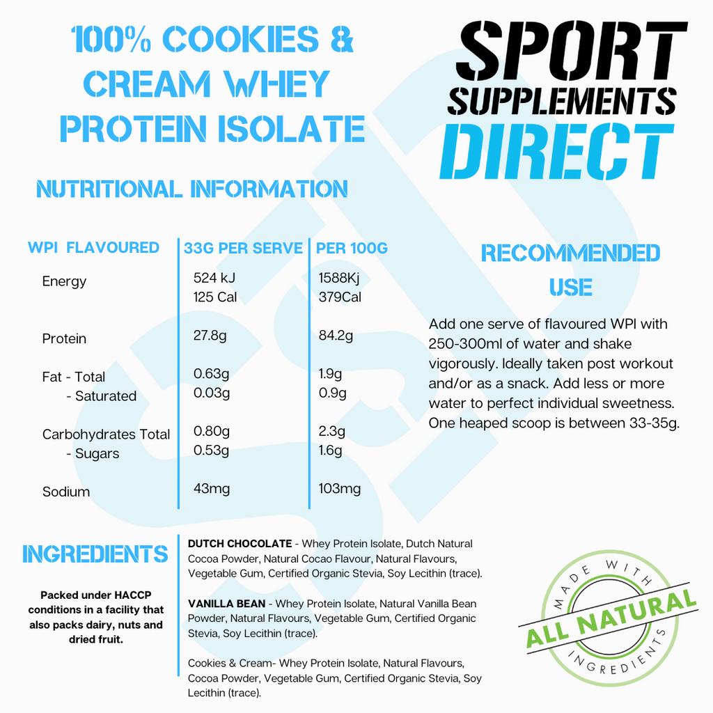 100% NATURAL WHEY PROTEIN ISOLATE - COOKIES & CREAM freeshipping - Sport Supplements Direct Pty Ltd